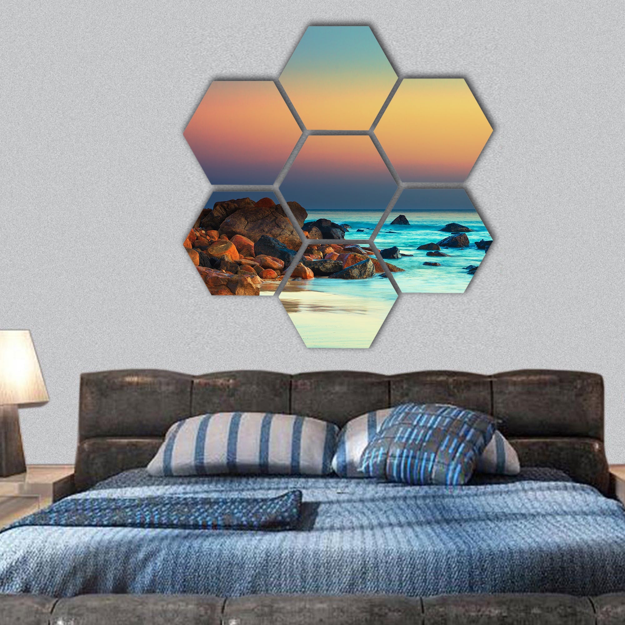Sunset over the sea hexagonal canvas wall art