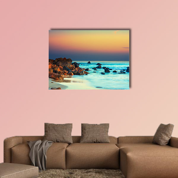 Sunset over the sea, Stone on the foreground multi panel canvas wall art