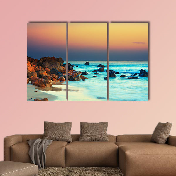 Sunset over the sea, Stone on the foreground multi panel canvas wall art