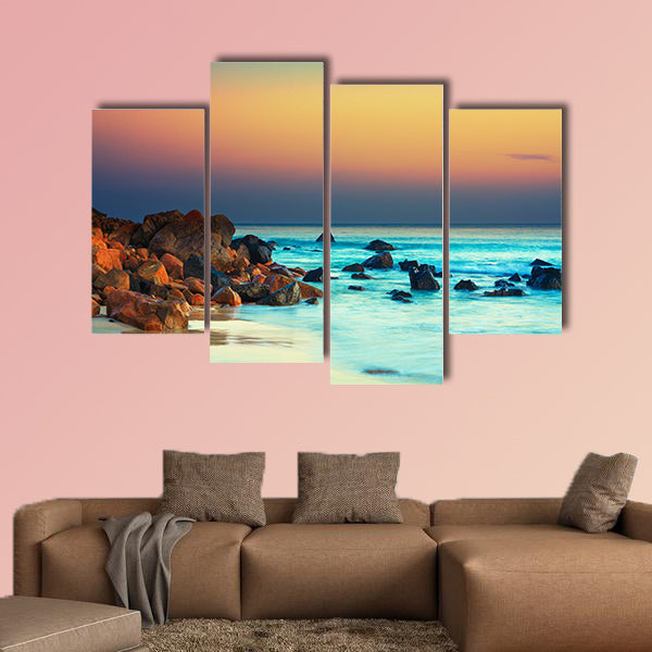 Sunset over the sea, Stone on the foreground multi panel canvas wall art