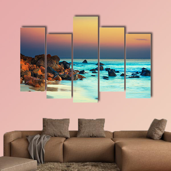 Sunset over the sea, Stone on the foreground multi panel canvas wall art