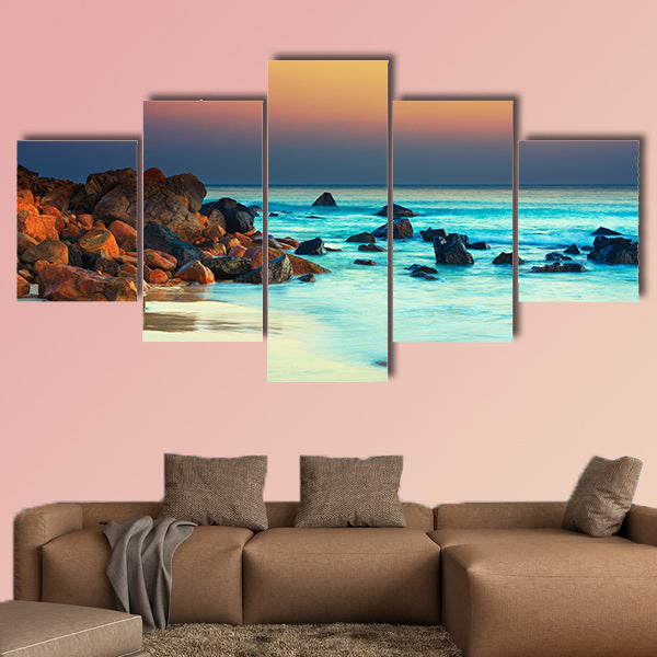 Sunset over the sea, Stone on the foreground multi panel canvas wall art