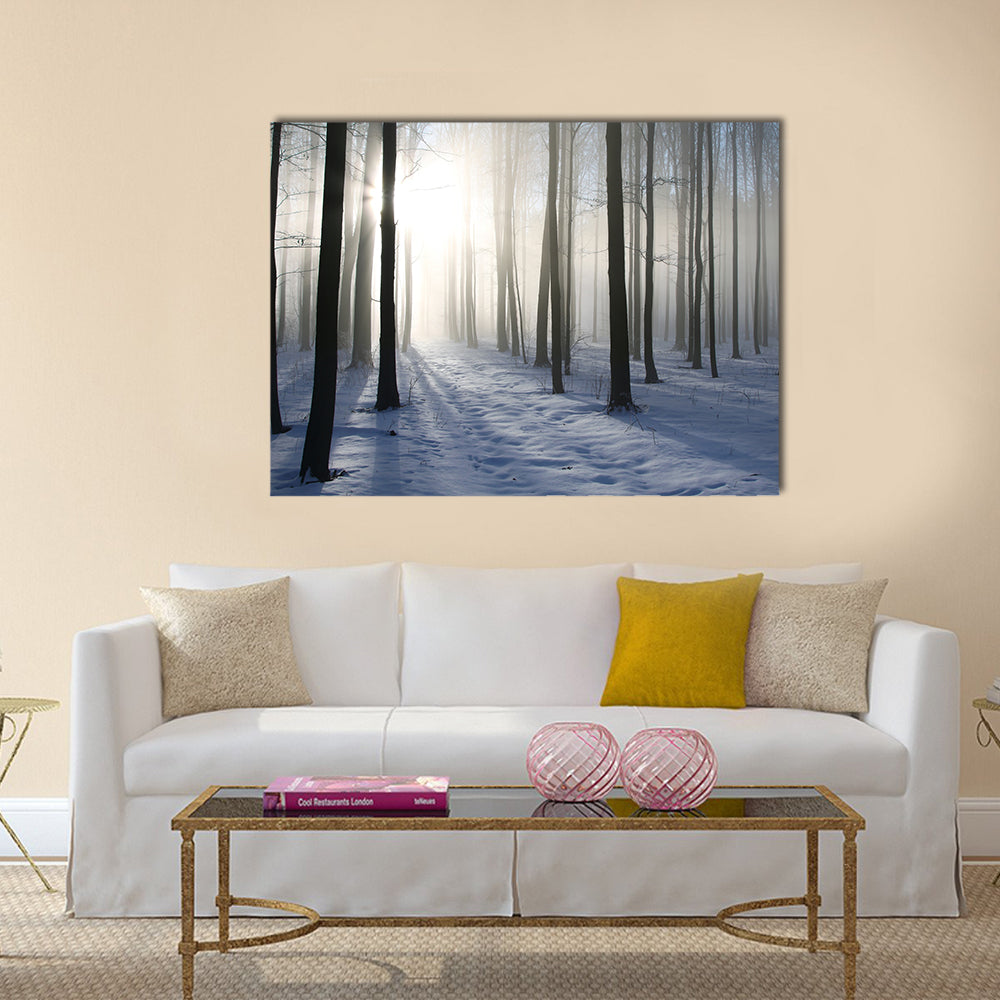 Path in the misty winter forest  multi panel canvas wall art