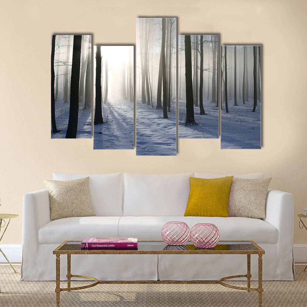 Path in the misty winter forest  multi panel canvas wall art