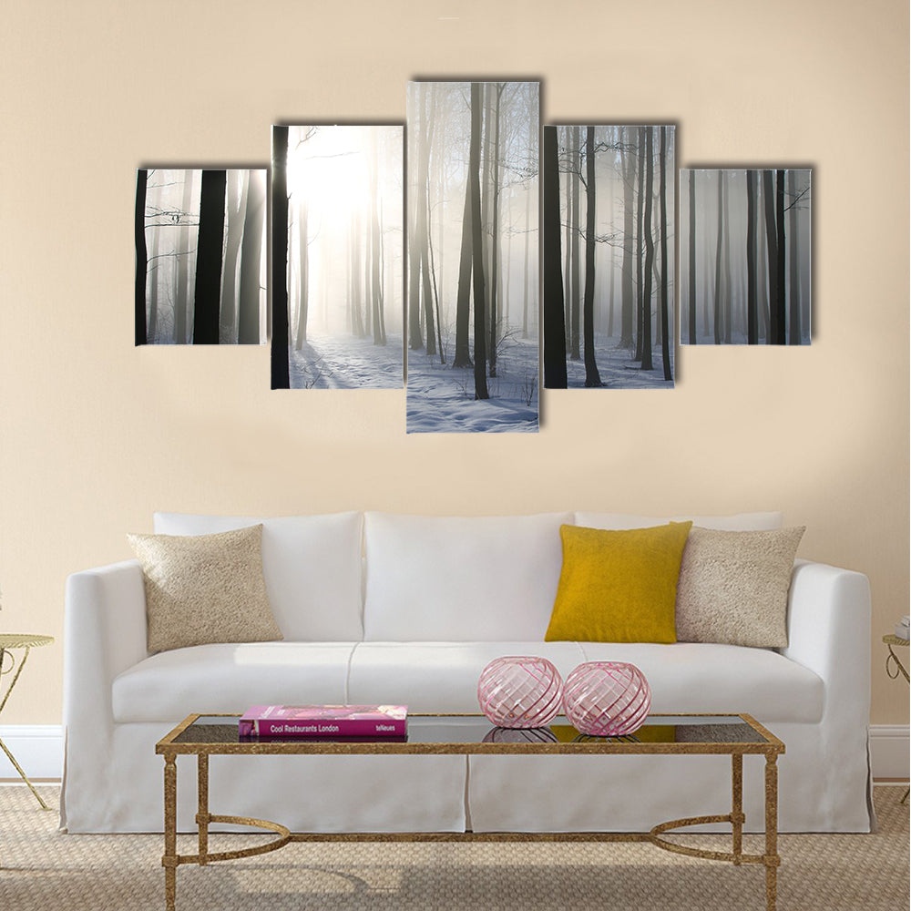 Path in the misty winter forest  multi panel canvas wall art