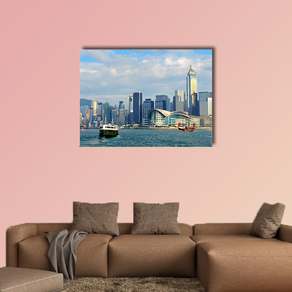 Urban architecture in Hong Kong Victoria Harbor in the day with blue sky wall art