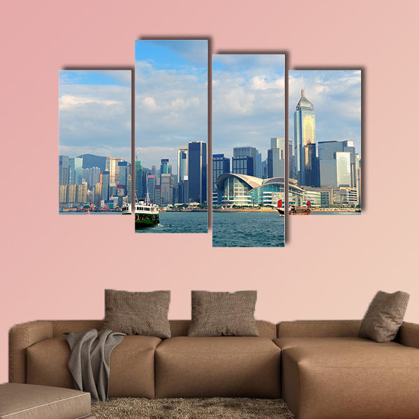 Urban architecture in Hong Kong Victoria Harbor in the day with blue sky wall art