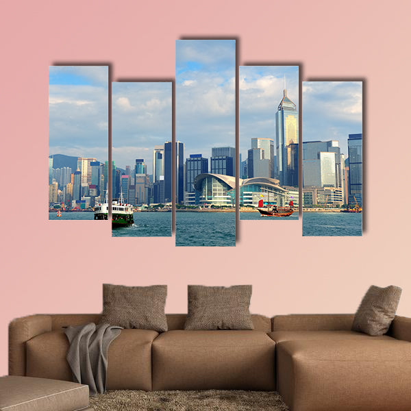 Urban architecture in Hong Kong Victoria Harbor in the day with blue sky wall art