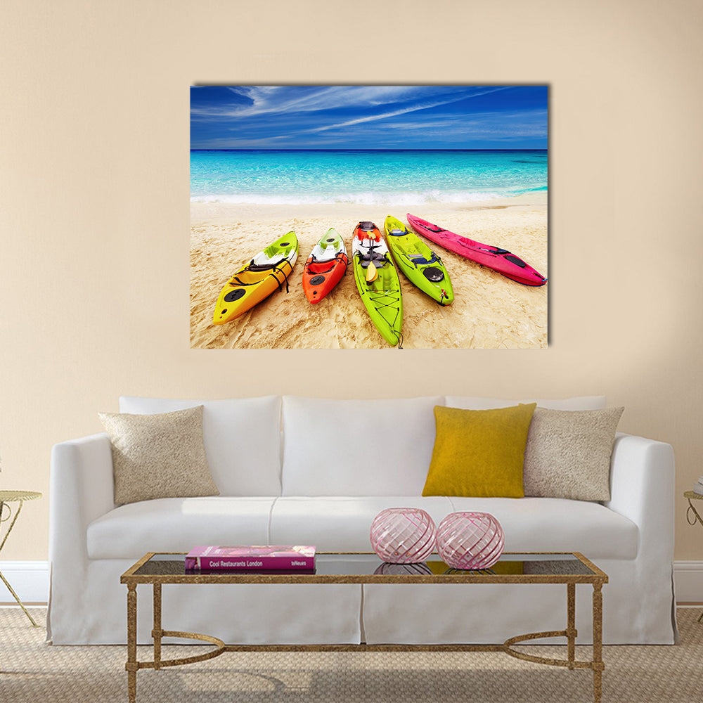 Colorful kayaks on the tropical beach Multi panel canvas wall art