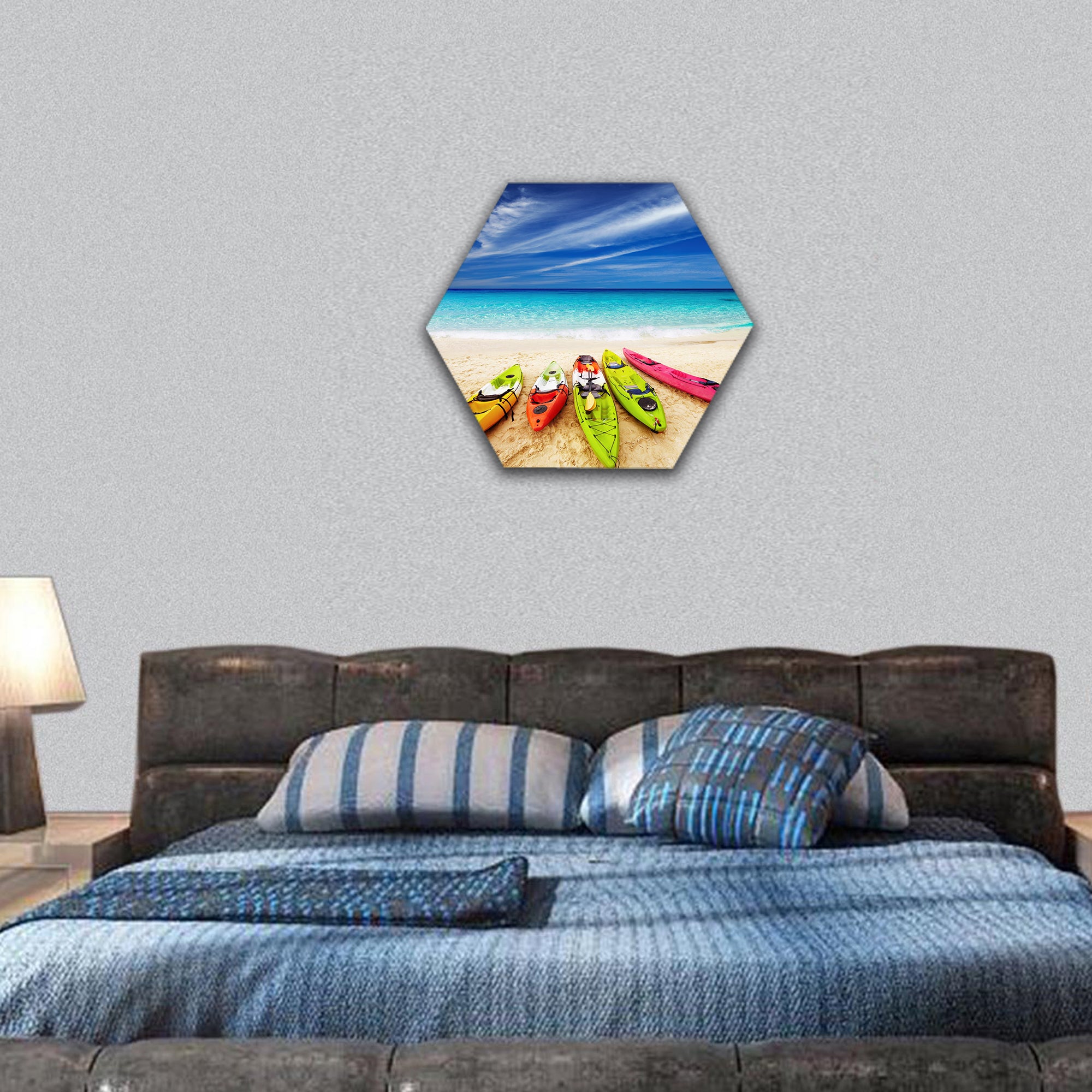 Colorful kayaks on the tropical beach, Thailand hexagonal canvas wall art