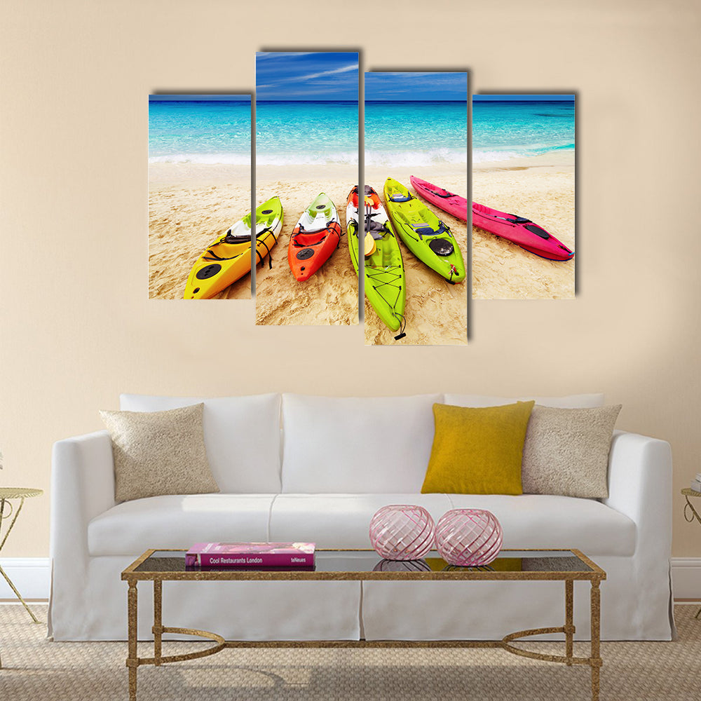 Colorful kayaks on the tropical beach Multi panel canvas wall art
