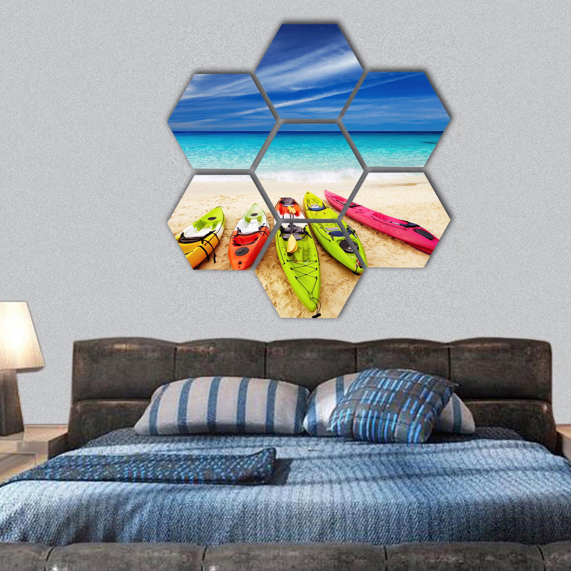 Colorful kayaks on the tropical beach, Thailand hexagonal canvas wall art