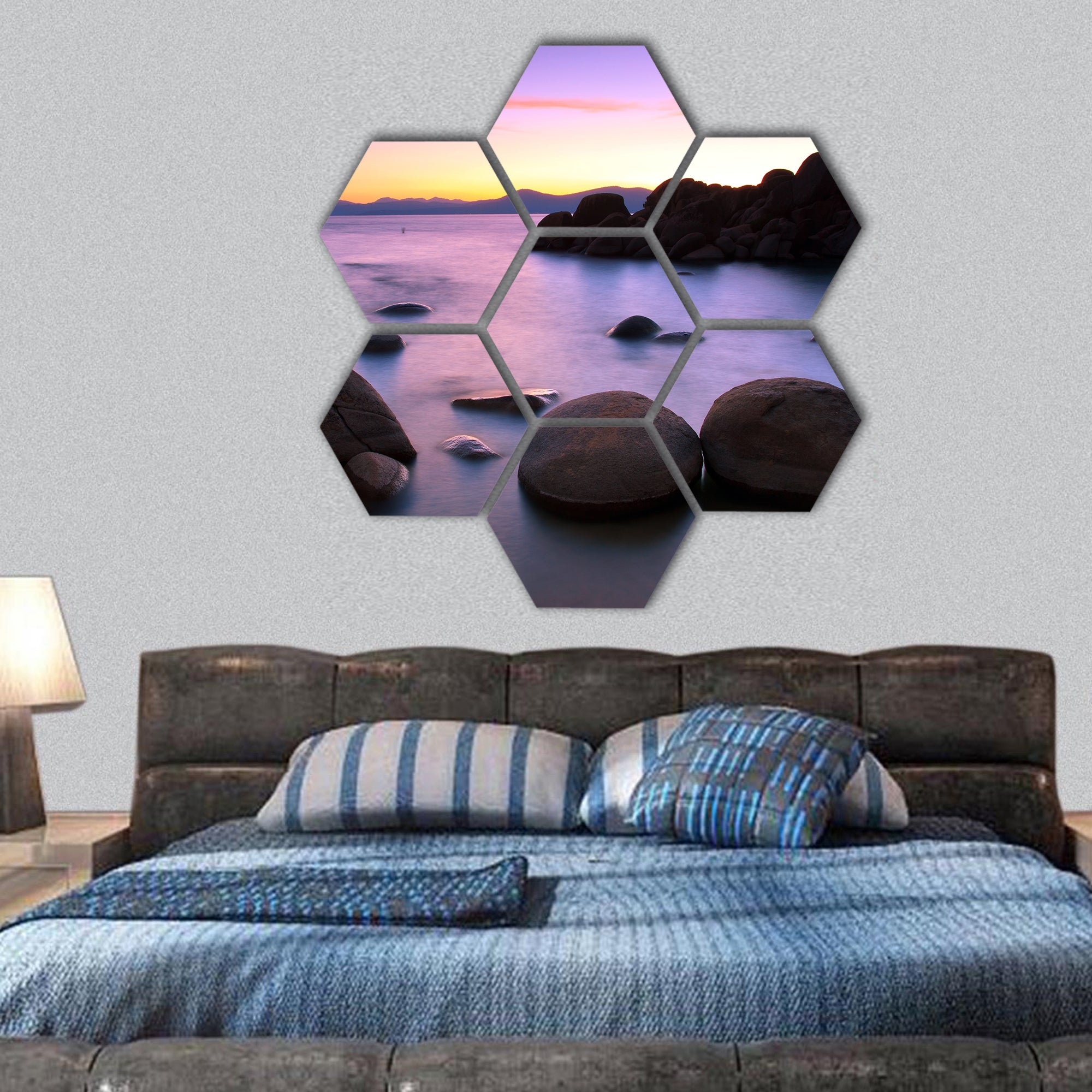 Lake Tahoe after sunset hexagonal canvas wall art