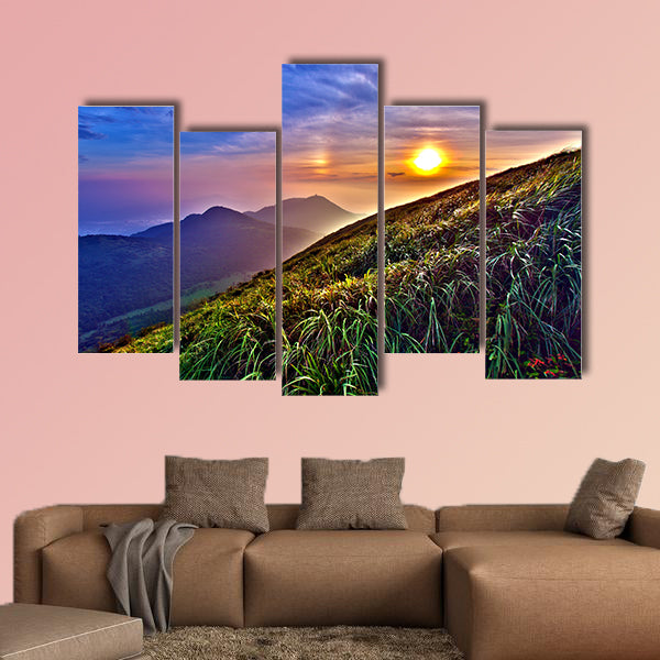 Beautiful view of sunset around mountains multi panel canvas wall art
