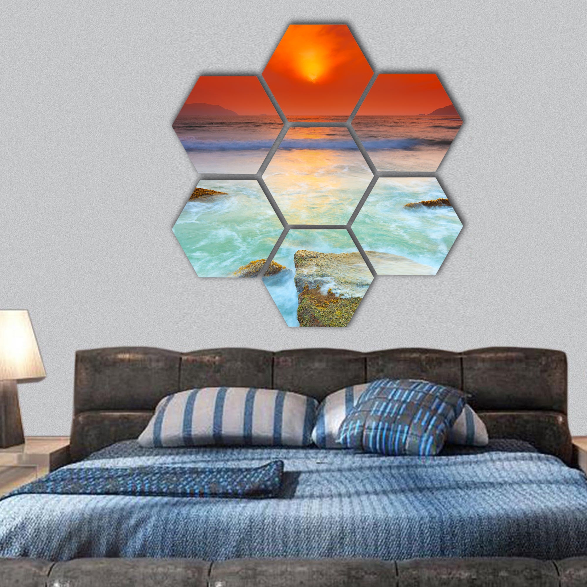 Sunrise over the sea Con Dao Vietnam hexagonal canvas wall art