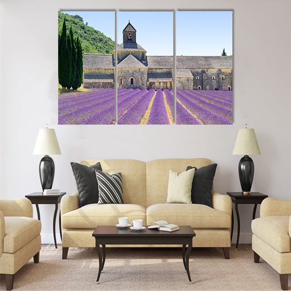 Abbey of Senanque and blooming rows lavender flowers Gordes Multi Panel Canvas Wall Art