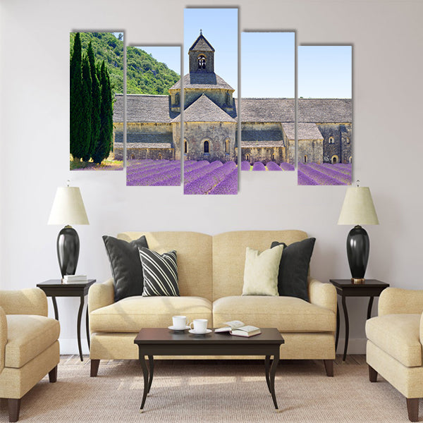 Abbey of Senanque and blooming rows lavender flowers Gordes Multi Panel Canvas Wall Art