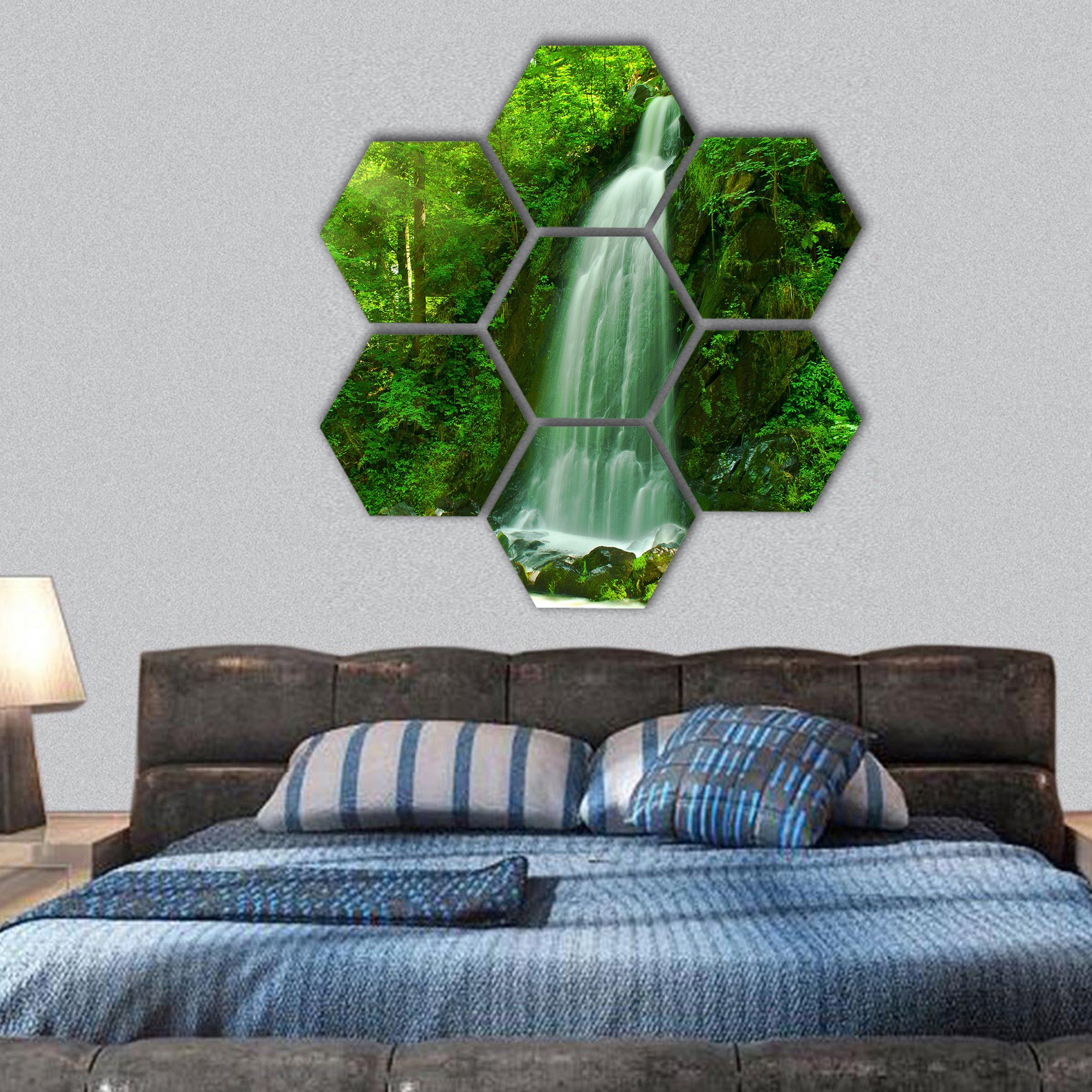 nice waterfall through green forest hexagonal canvas wall art