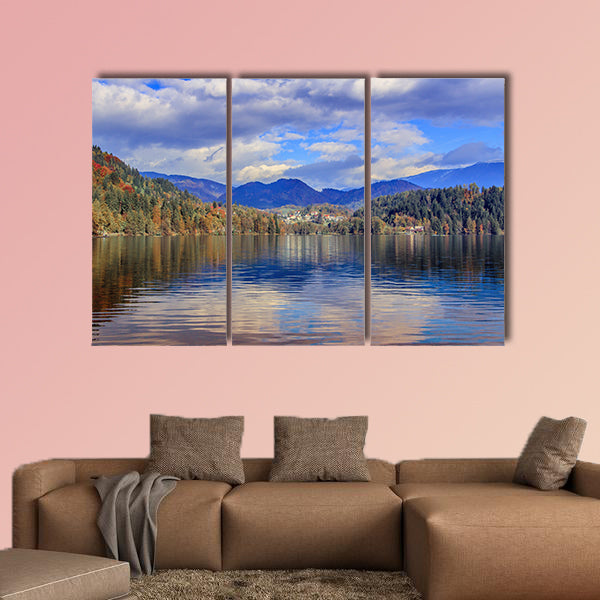 Bled with lake, island, castle and mountains in background, Slovenia, Europe Multi panel canvas wall art