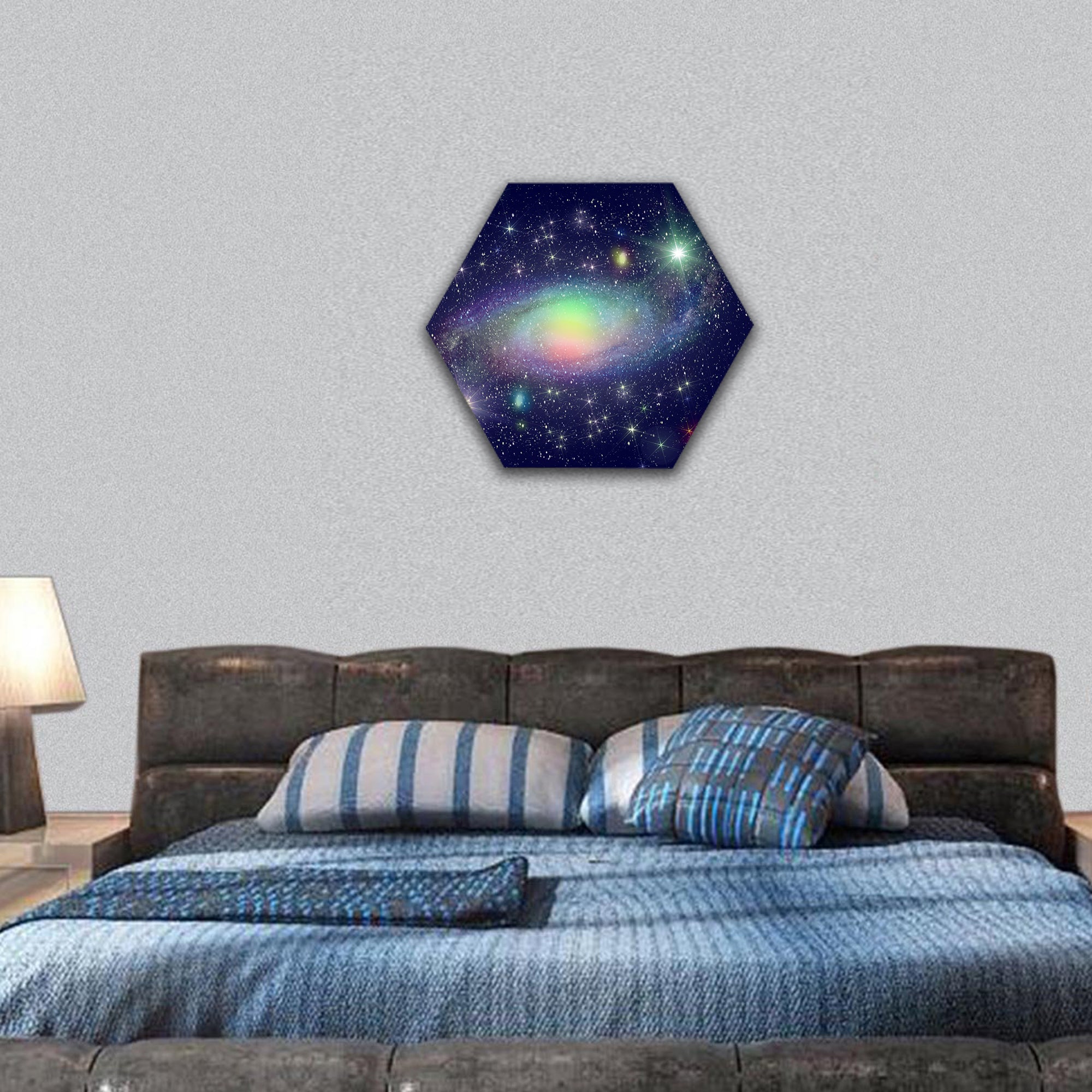 Stars and spiral galaxy in deep space hexagonal canvas wall art