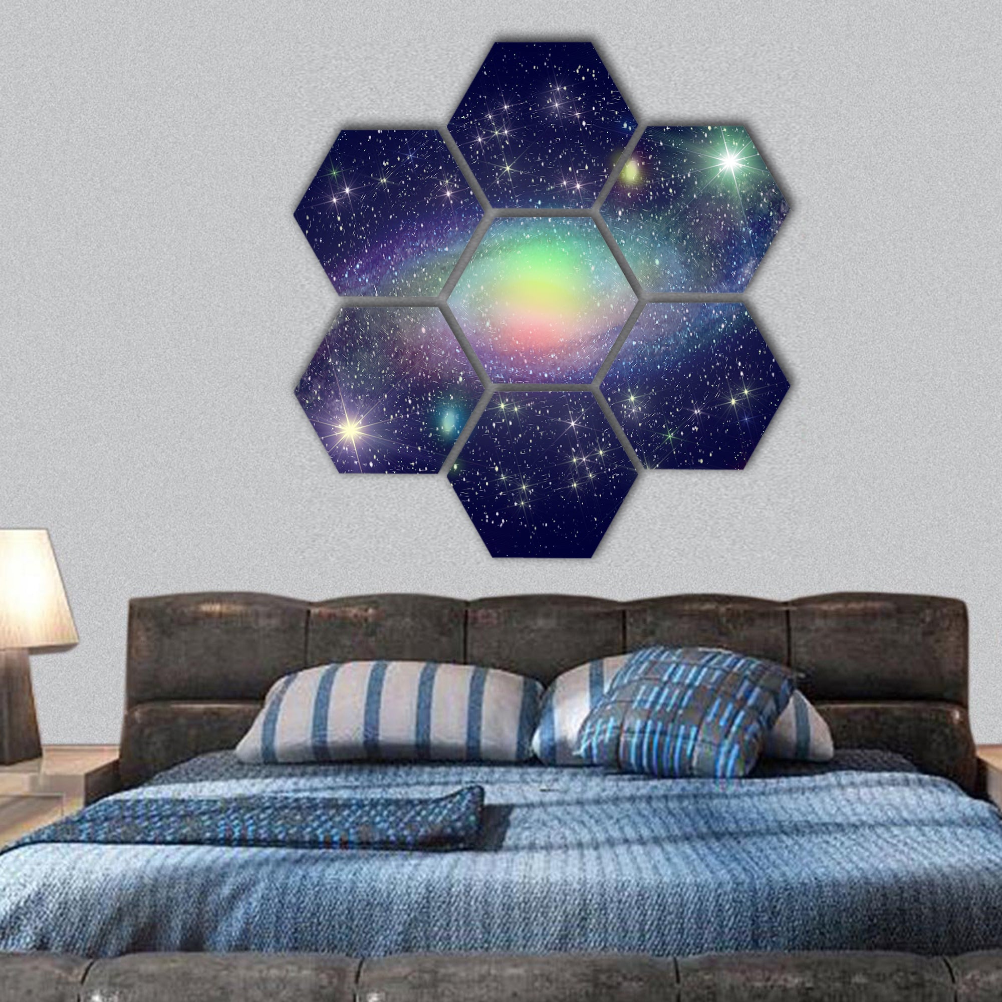 Stars and spiral galaxy in deep space hexagonal canvas wall art