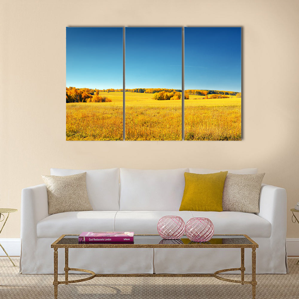 Autumn landscape. Yellow field and blue sky Multi panel canvas wall art