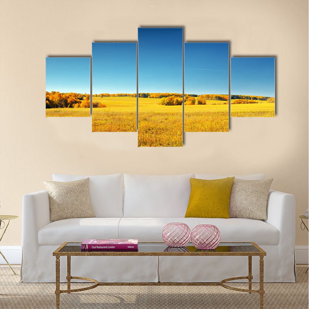 Autumn landscape. Yellow field and blue sky Multi panel canvas wall art