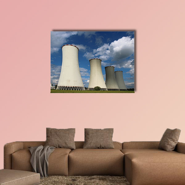 Four cooling towers of coal power plant multi panel canvas wall art