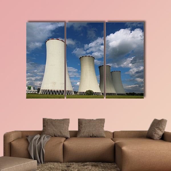 Four cooling towers of coal power plant multi panel canvas wall art