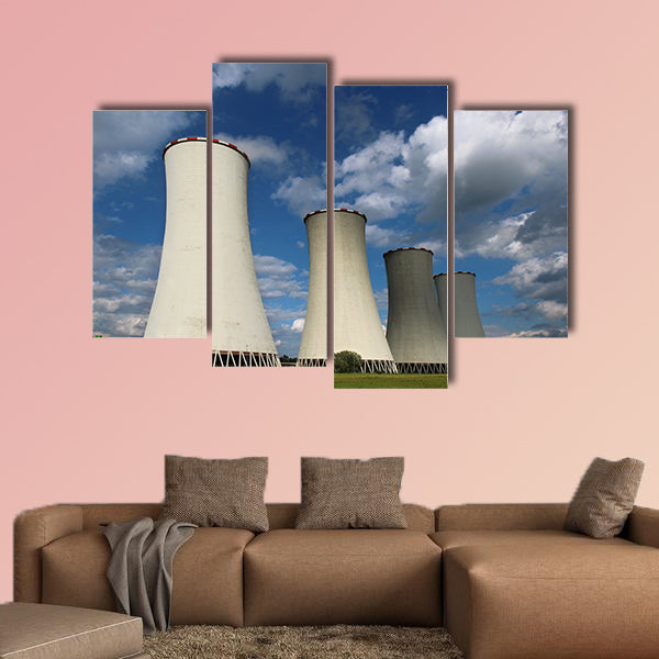 Four cooling towers of coal power plant multi panel canvas wall art