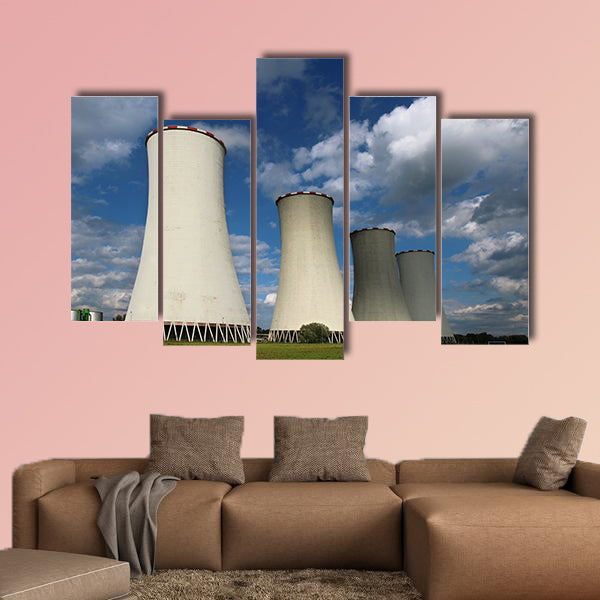 Four cooling towers of coal power plant multi panel canvas wall art