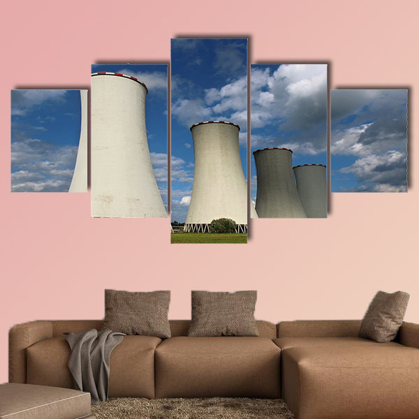 Four cooling towers of coal power plant multi panel canvas wall art