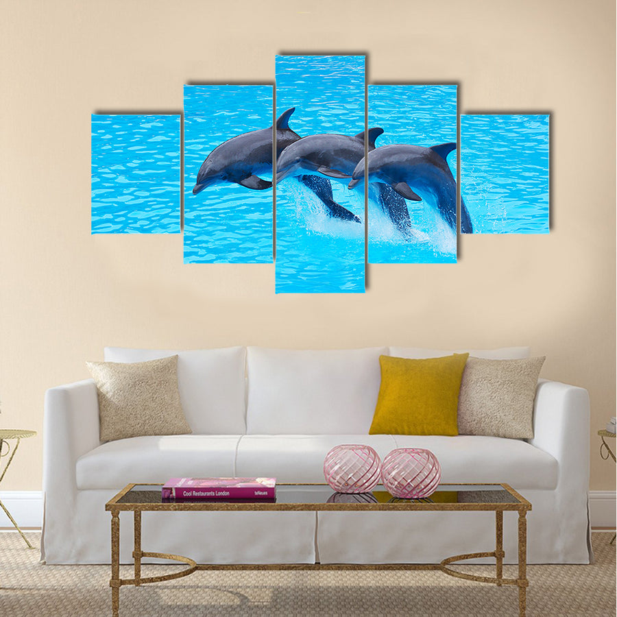 Three Bottlenose Dolphins, Tursiops truncatus, leaping in formation Multi Panel Canvas Wall Art