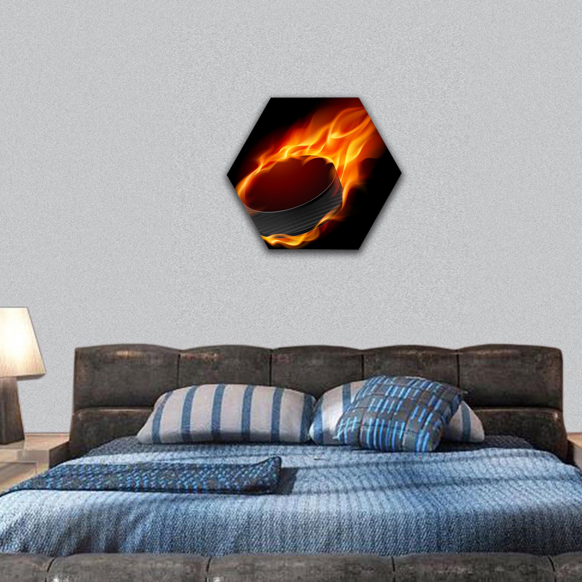 Burning hockey puck hexagonal canvas wall art