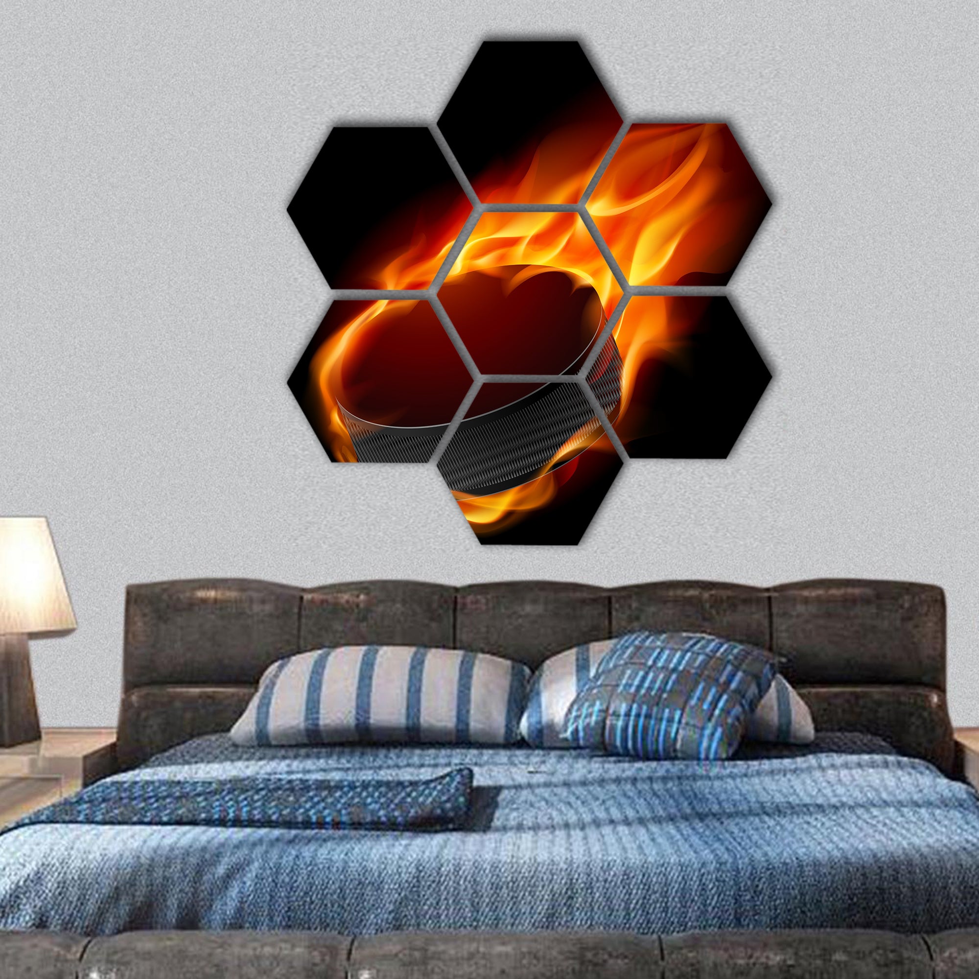 Burning hockey puck hexagonal canvas wall art