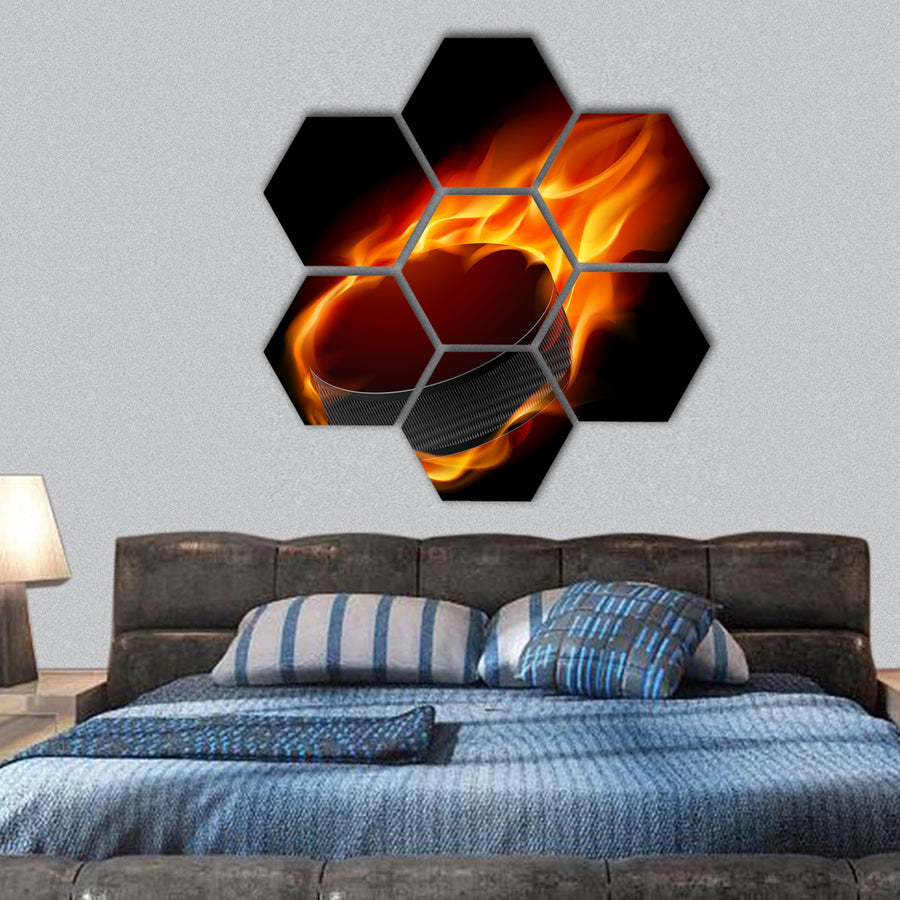 Burning hockey puck hexagonal canvas wall art