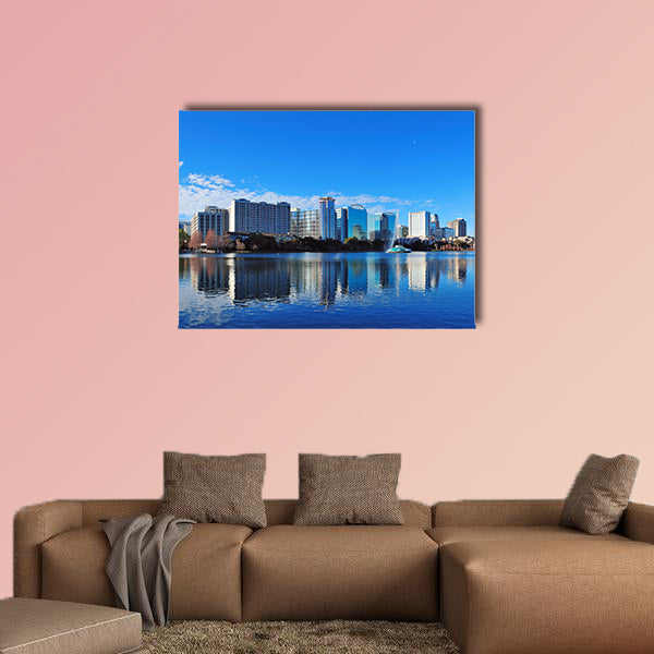 Orlando Lake Eola in the morning with urban skyscrapers multi panel canvas wall art