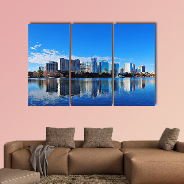 Orlando Lake Eola in the morning with urban skyscrapers multi panel canvas wall art