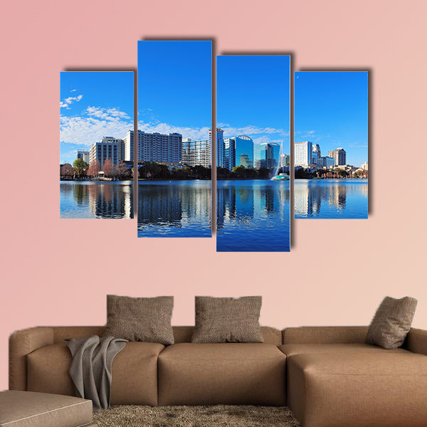 Orlando Lake Eola in the morning with urban skyscrapers multi panel canvas wall art