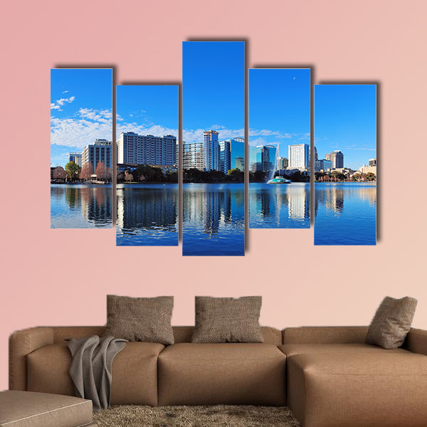 Orlando Lake Eola in the morning with urban skyscrapers multi panel canvas wall art