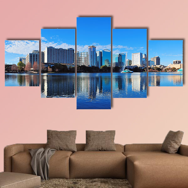 Orlando Lake Eola in the morning with urban skyscrapers multi panel canvas wall art