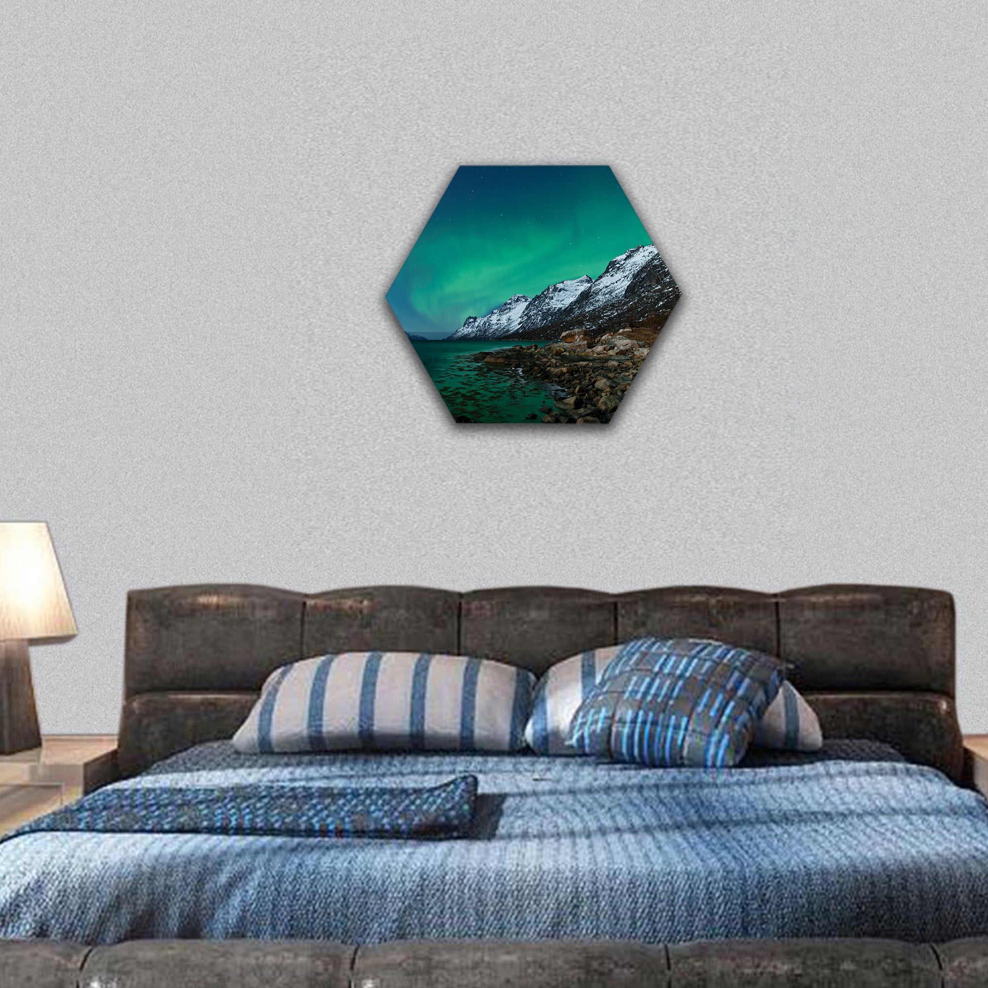 Aurora Borealis Northern lights reflection with fjords hexagonal canvas wall art