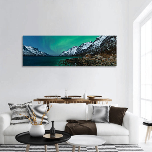 Aurora Borealis Northern lights reflection with fjords panoramic canvas wall art