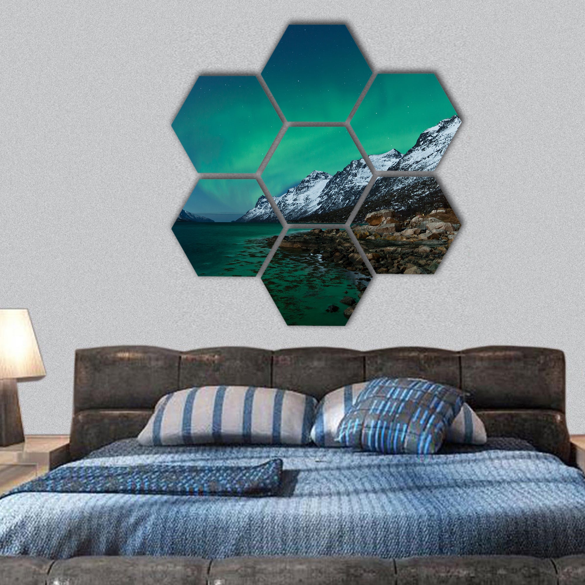 Aurora Borealis Northern lights reflection with fjords hexagonal canvas wall art
