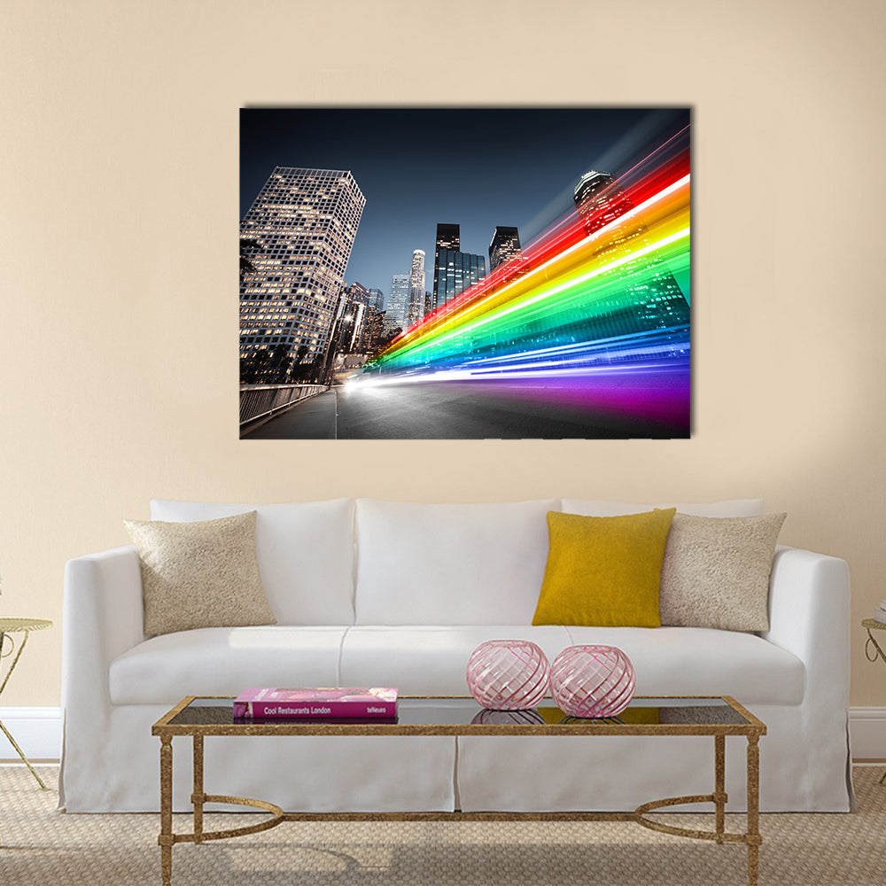 Colorful rainbow blurred bus traffic in Los Angeles Multi Panel Canvas Wall Art