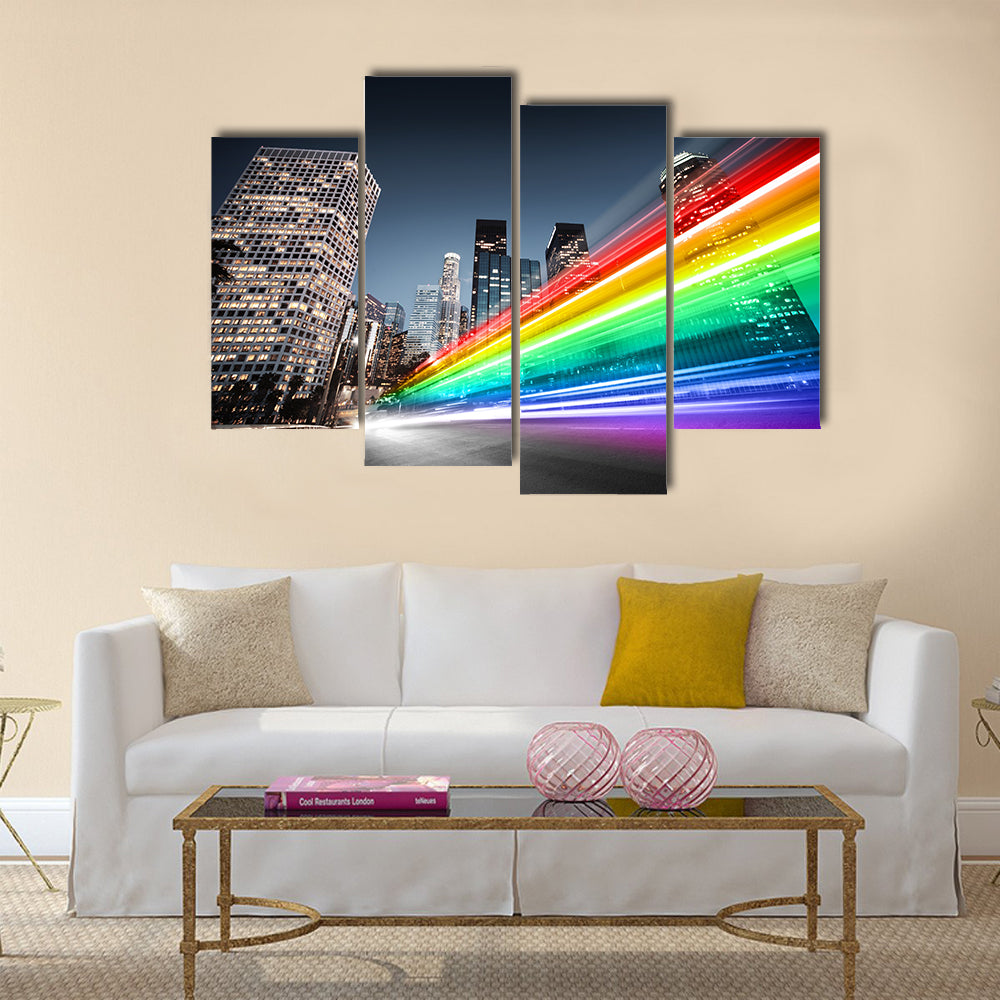Colorful rainbow blurred bus traffic in Los Angeles Multi Panel Canvas Wall Art