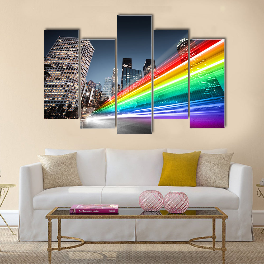 Colorful rainbow blurred bus traffic in Los Angeles Multi Panel Canvas Wall Art