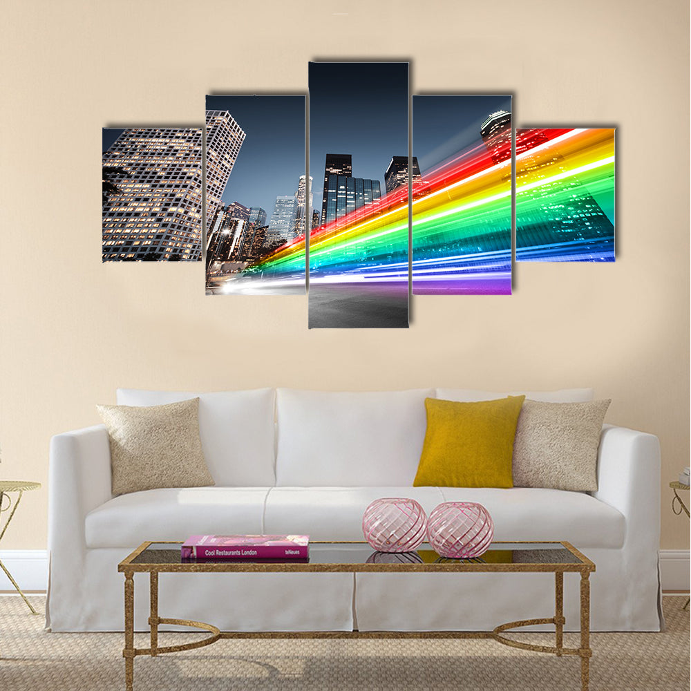 Colorful rainbow blurred bus traffic in Los Angeles Multi Panel Canvas Wall Art