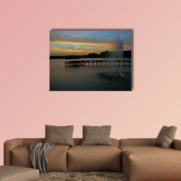 Sunrise on the lake with fountain and pier multi panel canvas wall art