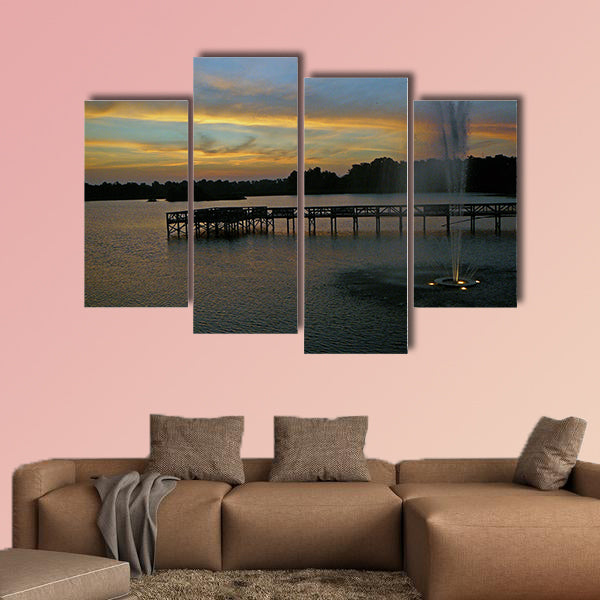Sunrise on the lake with fountain and pier multi panel canvas wall art